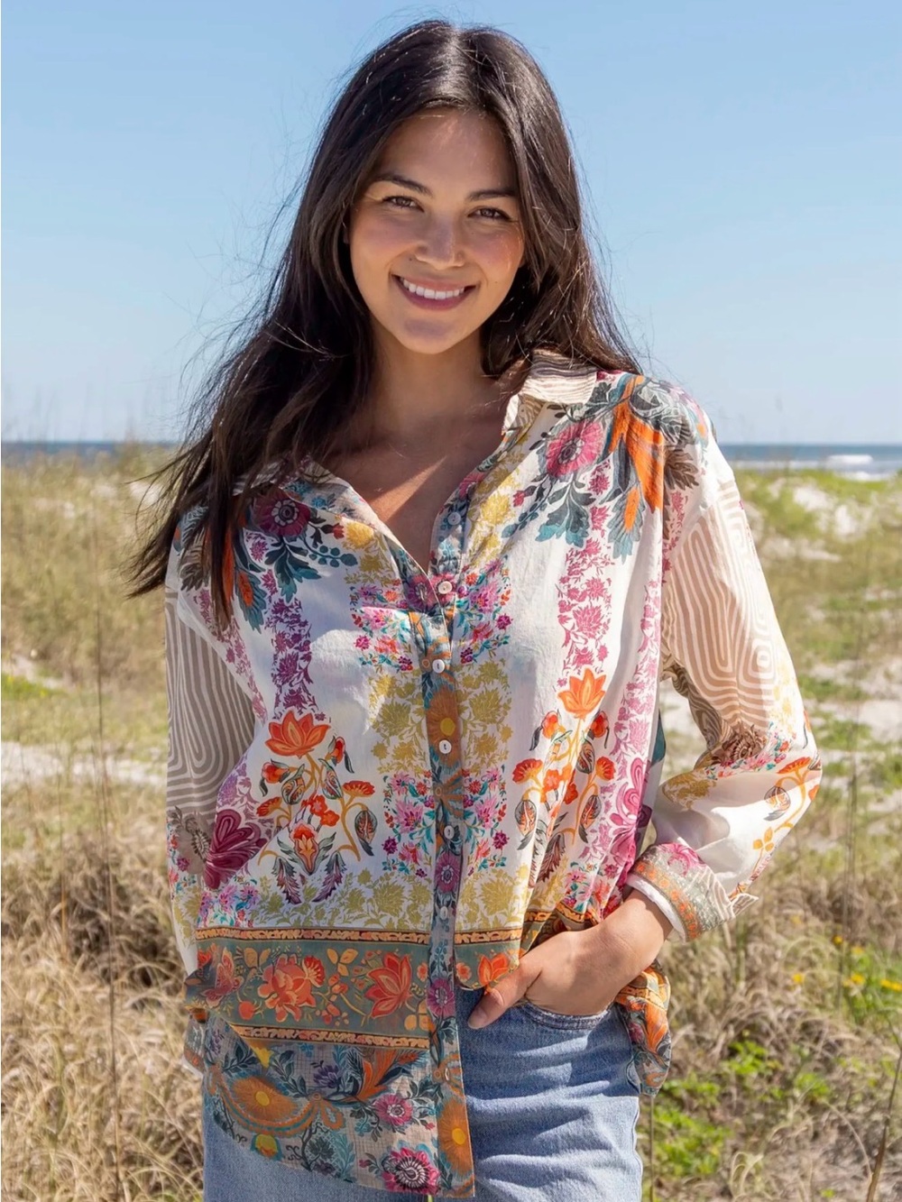 Natural Life Lightweight Floral Cotton Patchwork style button front blouse M - Picture 2 of 11